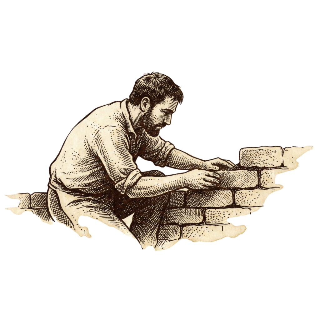 Illustration de style gravure ancienne montrant un maçon de profil, concentré, en train de poser avec précision des briques pour construire un mur.