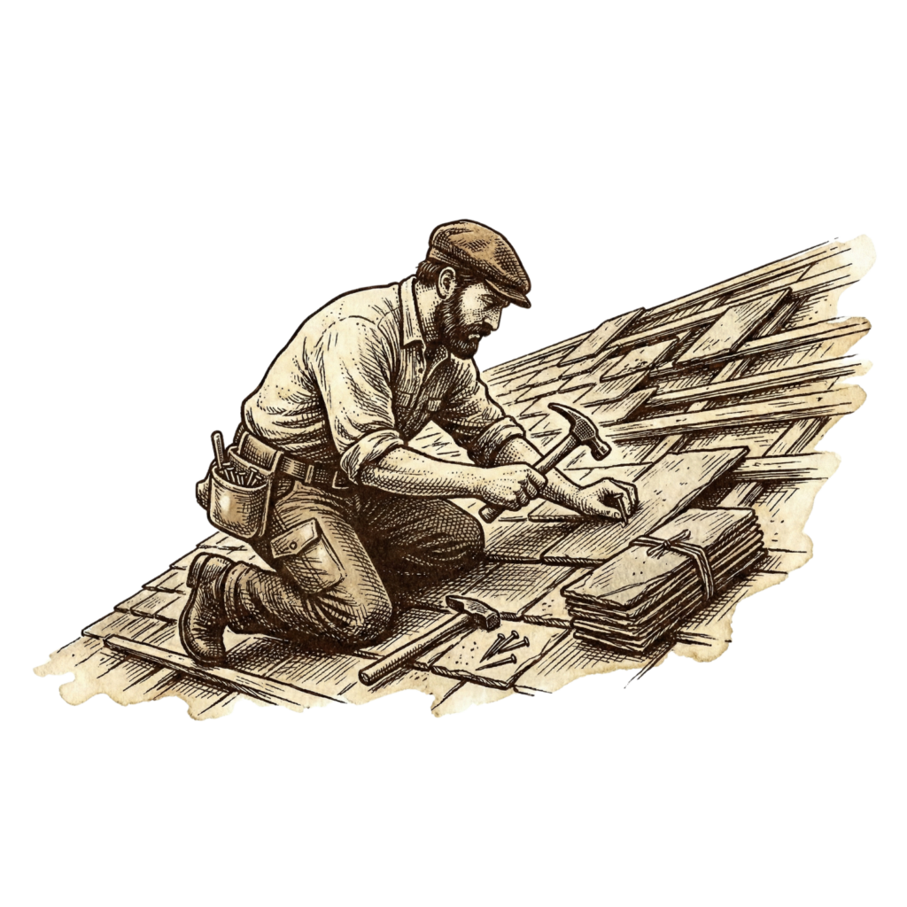 Illustration vintage d'un couvreur agenouillé sur un toit, utilisant un marteau pour fixer des ardoises. On aperçoit sa sacoche à outils et des clous posés à côté de lui.
