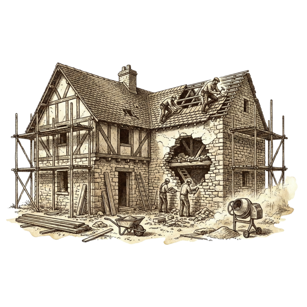 Gravure détaillée d'une maison ancienne en cours de rénovation. Plusieurs artisans travaillent simultanément : des couvreurs sur le toit et des maçons au pied de l'édifice entouré d'échafaudages, avec une bétonnière au premier plan.