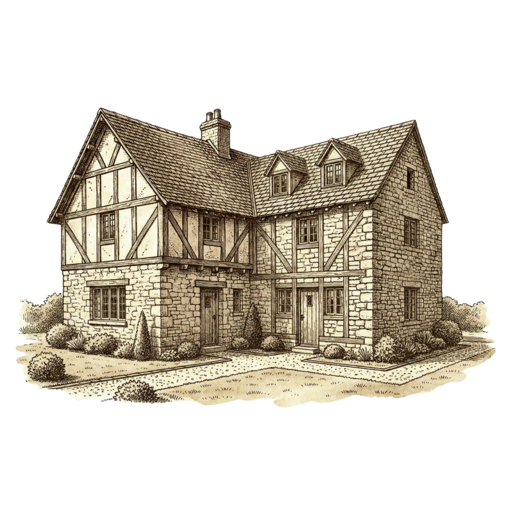 Gravure ancienne d'une grande maison traditionnelle en pierre avec un toit en tuiles et des lucarnes. La maison est totalement rénové 